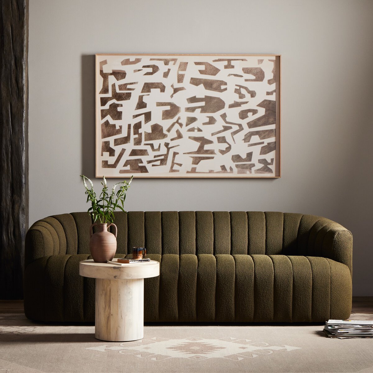 Modern Curved Boucl¨¦ Sofa with Vertical Channel Tufting a€?Upholstered 3-Seater in Olive Green for Living Room or Lounge