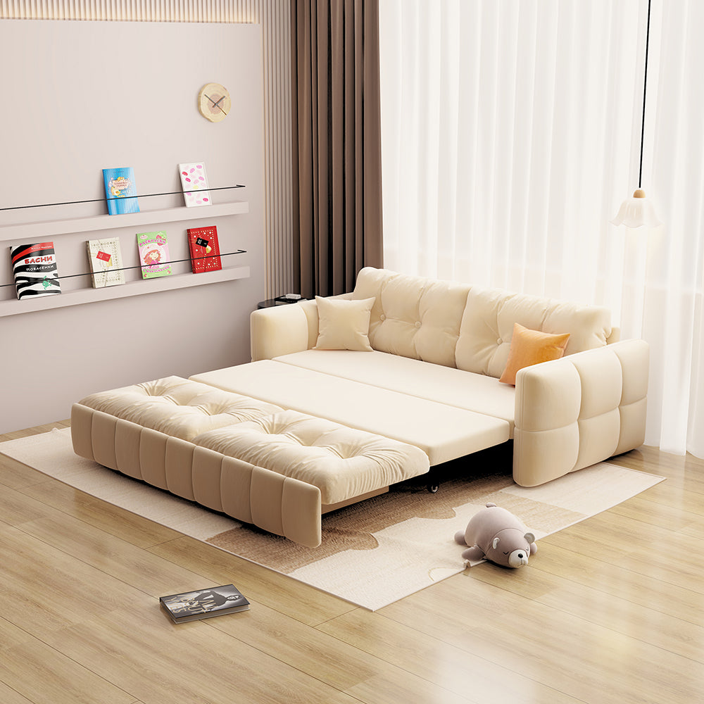 Modern Tufted Convertible Sofa Bed with Pull-Out Sleeper and Square Arm Design a€?Upholstered in Soft Cream Fabric