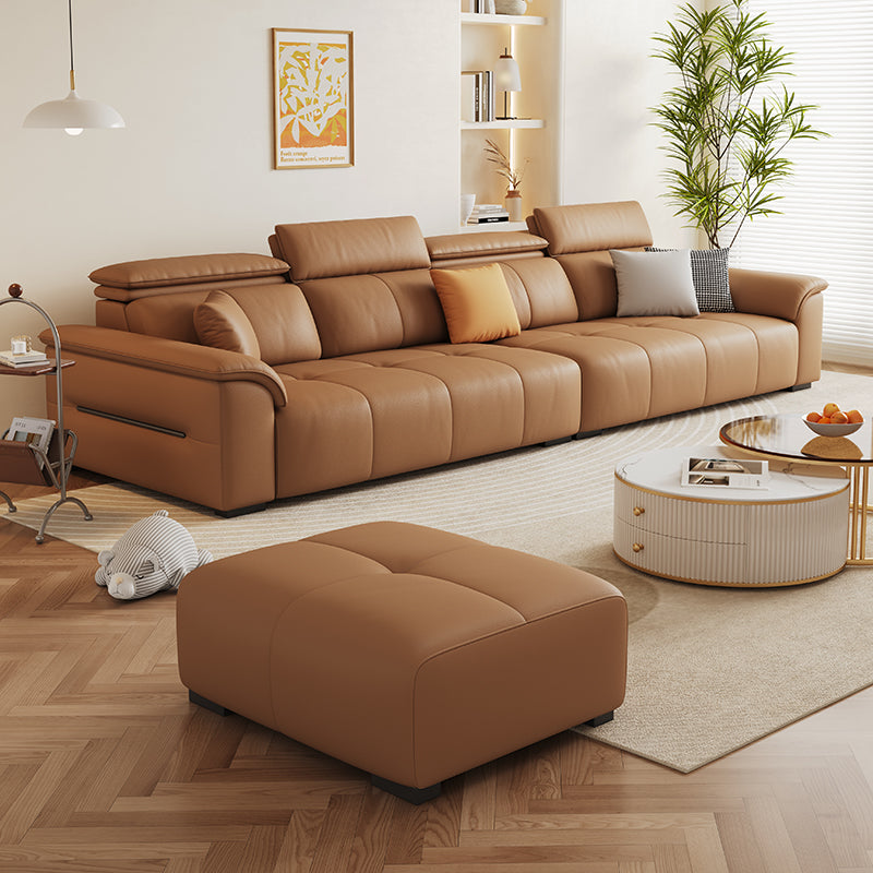 Adjustable Headrest Leather Sectional Sofa in Caramel Brown a€?Modern 4-Seater with Matching Ottoman & Wide Cushions