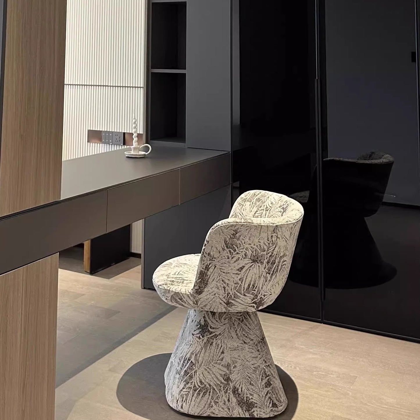 Modern Swivel Vanity Chair with Botanical Textured Upholstery and Sculptural Cone Base for Dressing Room, Office or Reception Area