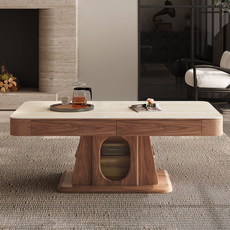 Modern Asian-Inspired Coffee Table with Faux Stone Top, Walnut Wood Base & Hidden Storage for Living Room or Tea Space