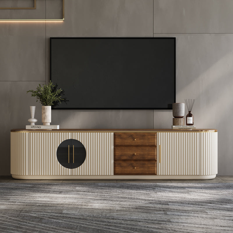 Modern Cream TV Stand with Fluted Doors, Walnut Drawers, and Glass Center Cabinet for Elegant Contemporary Living Rooms
