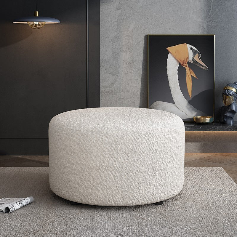 Modern Round Ottoman with Boucle Upholstery in Cream for Living Room Bedroom or Lounge Seating Accent