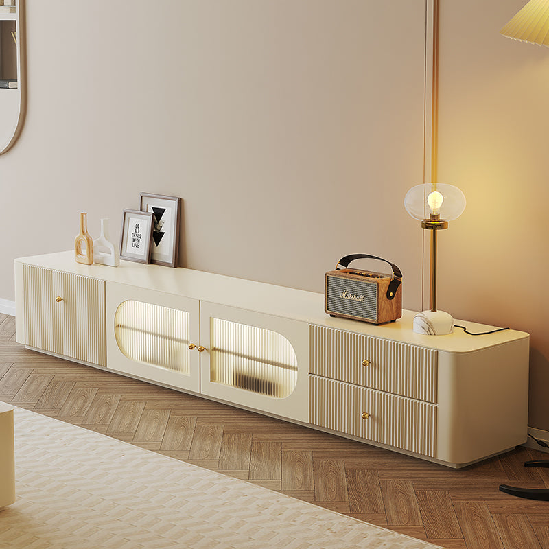 Cream TV Stand with Fluted Doors, Ribbed Glass Center Cabinets & Gold Knobs for Elegant Modern Living Room