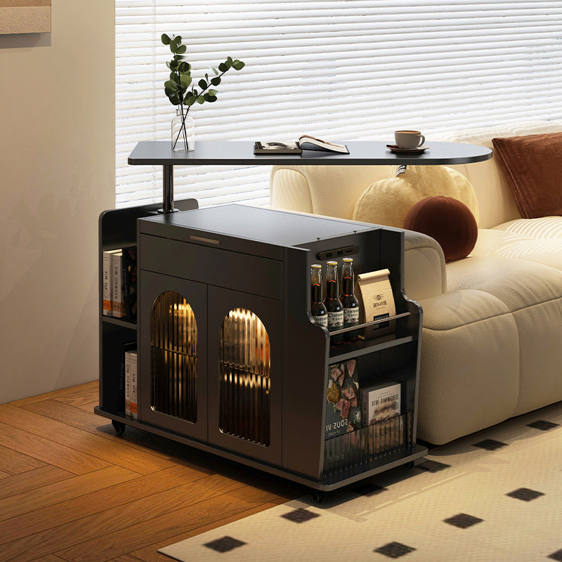 Modern Lift Top Coffee Table with LED Glass Cabinet, Side Storage and Wheels, Multifunctional Sofa Bar Cart or Workstation