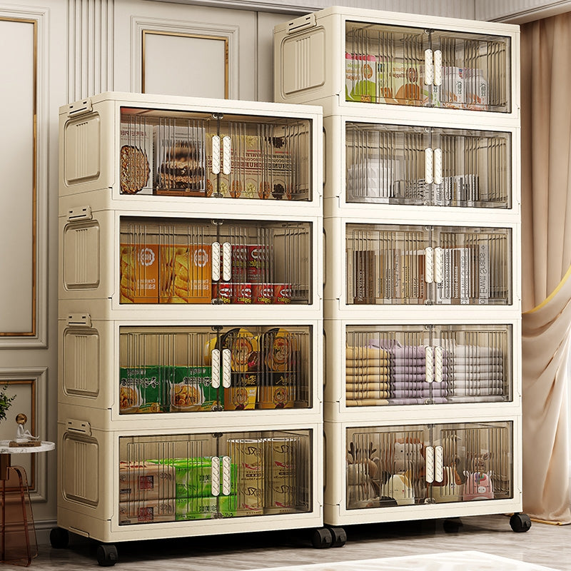 Stackable Transparent Storage Cabinets with Sliding Doors a€?Multi-Layer Modular Organizer on Wheels for Pantry, Laundry, or Toy Room