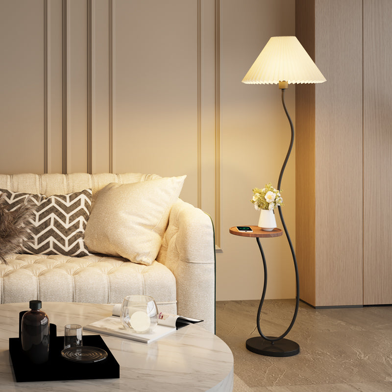 Elegant Floor Lamp with Pleated Shade and Curved Metal Frame with Round Wood Shelf for Living Room or Bedroom