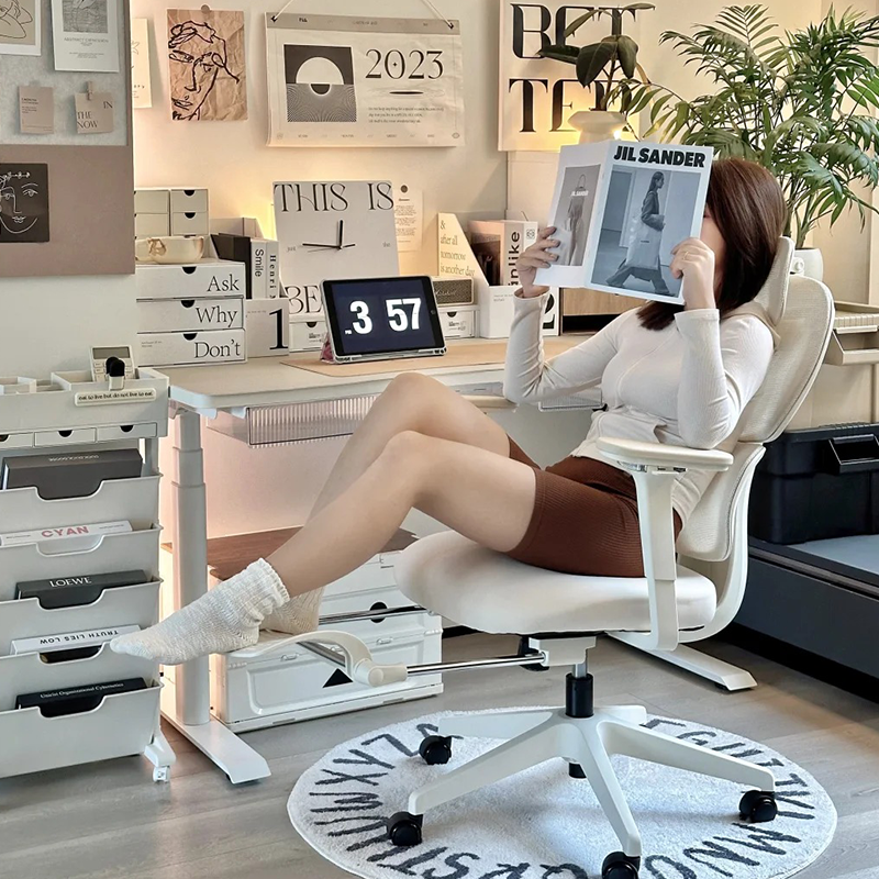 Ergonomic Home Office Chair with Adjustable Recline Padded Seat and Footrest in Cream White for Work Study or Relaxation