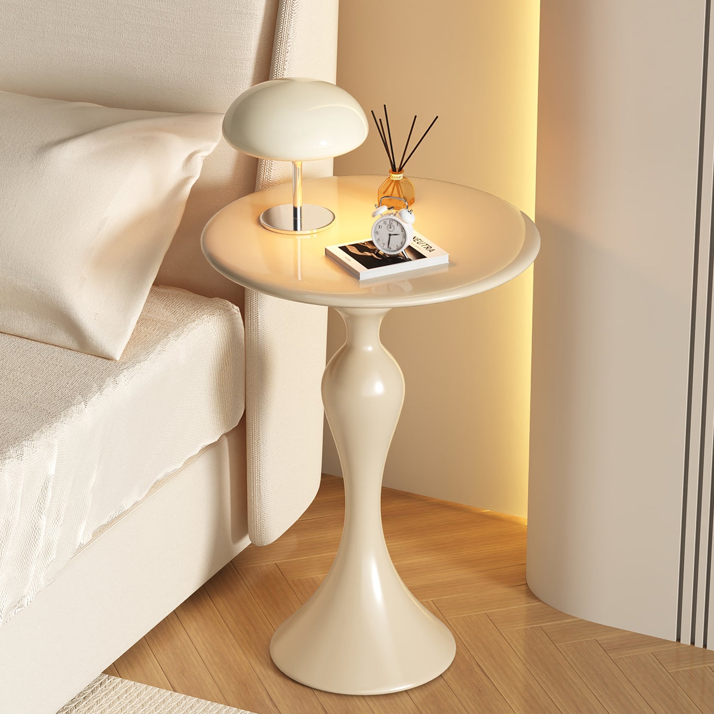 Modern Glossy Side Table with Curved Pedestal Base for Bedroom or Living Room Accent