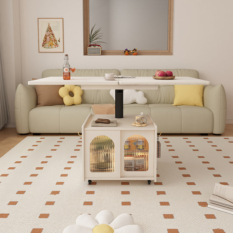 Cute Lift Top Coffee Table with Arched Glass Doors, Storage Cabinet & Wheels a€?Multifunctional Table for Small Living Spaces