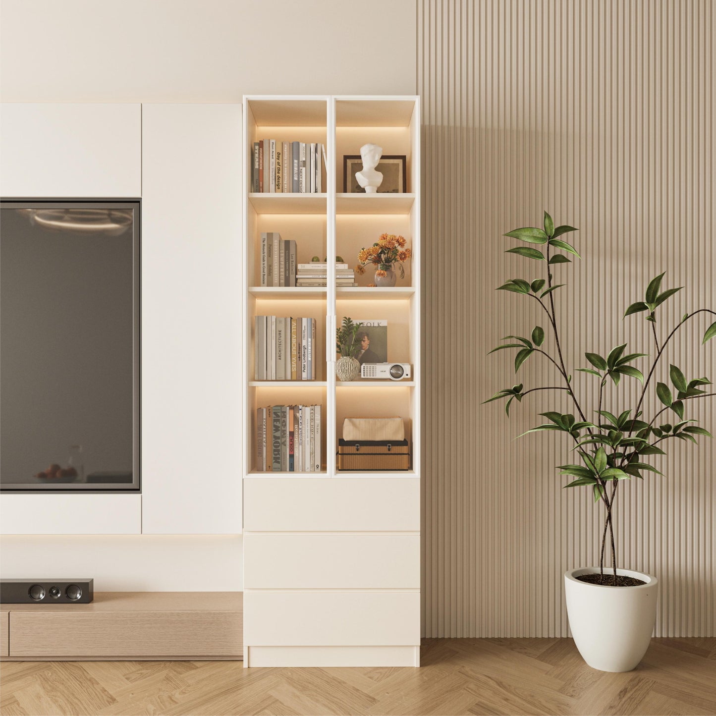 Minimalist Tall Bookshelf with LED Display Shelves and Storage Drawers, Modern Built-In Style Cabinet for Living Room or Study
