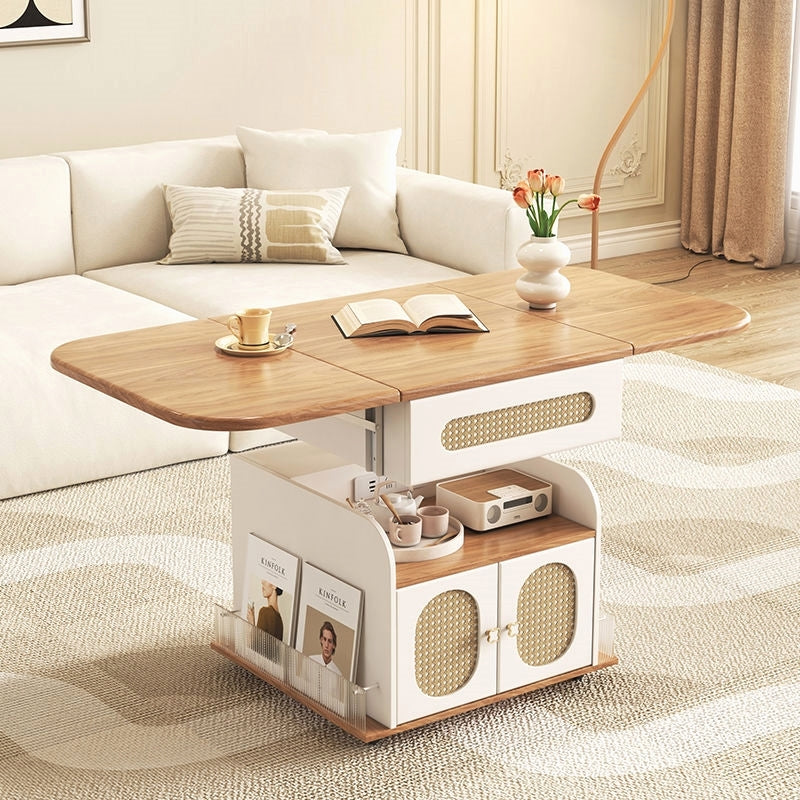 Lift Top Coffee Table with Expandable Dining Surface Storage Shelves and Cabinets for Living Room Dining or Home Office Use