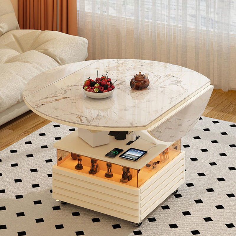 Round Lift Top Coffee Table With Faux Marble Surface Hidden Storage and Charging Ports for Smart Living and Dining Spaces