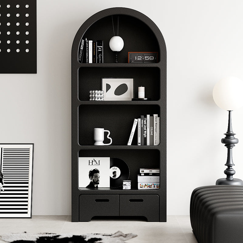 Modern Arched Black Bookshelf with Open Shelves and Lower Storage Drawers for Living Room Bedroom or Office Display and Organization