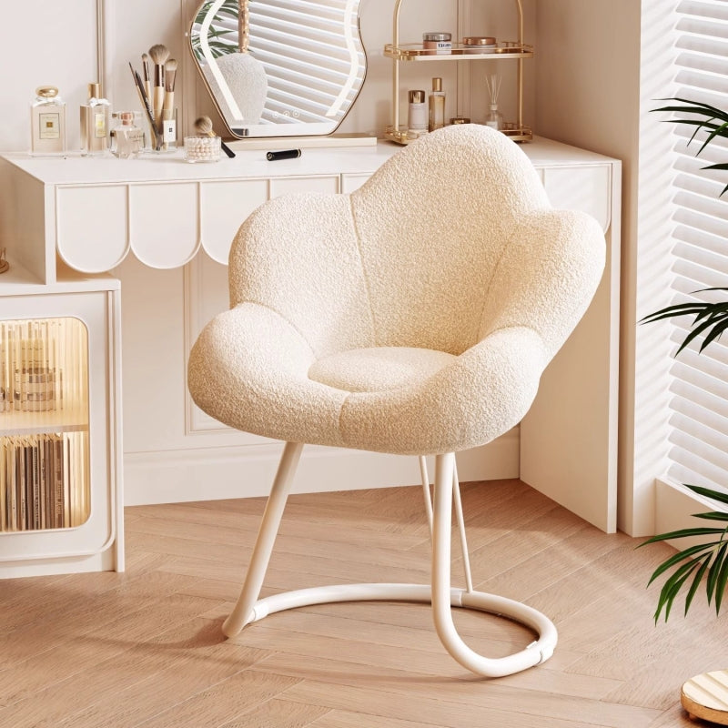 Cream Boucle Accent Chair with Petal Shaped Back and Curved Metal Base for Bedroom Vanity or Modern Glam Seating Area