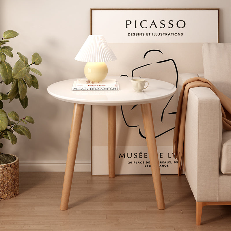 Scandinavian Round Side Table with White Top and Natural Wood Legs for Living Room Bedroom or Minimalist Interior Decor