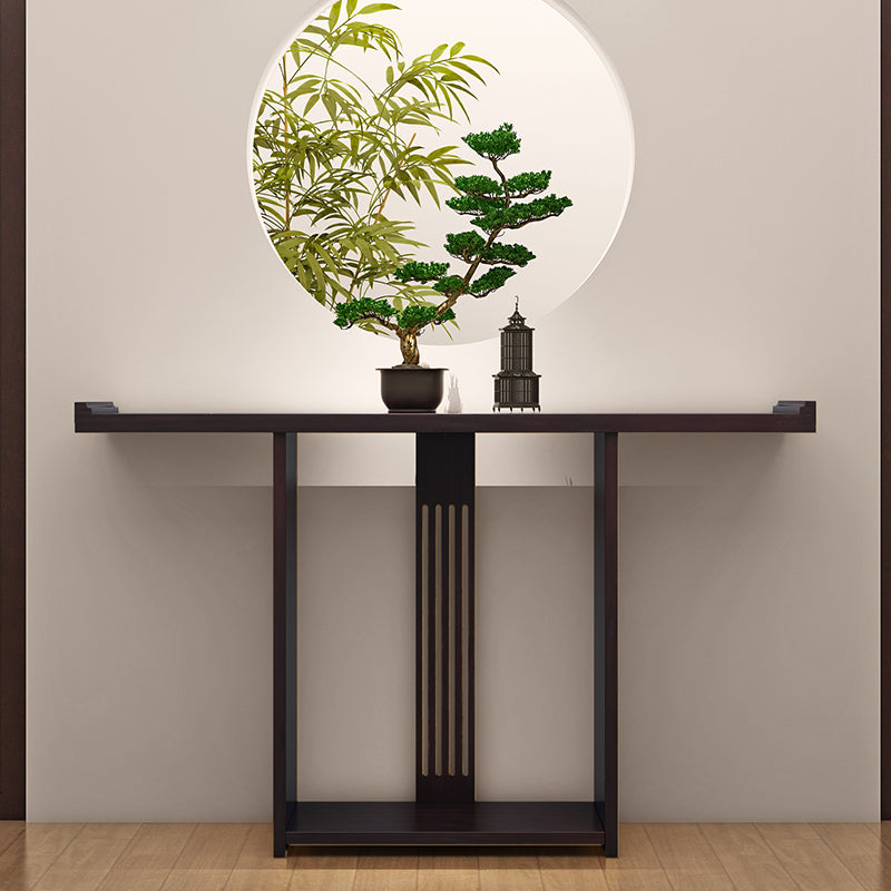 Oriental Style Console Table with Dark Wood Finish and Vertical Slatted Center Panel for Entryway Living Room or Zen Inspired Interior