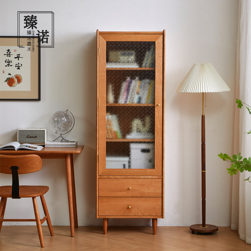 Mid Century Wooden Bookcase with Textured Glass Door and Two Lower Drawers for Living Room Bedroom or Study Storage Display