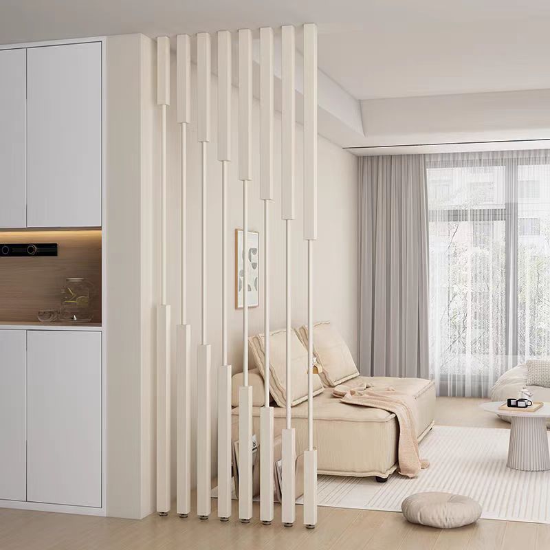 Minimalist Vertical Slat Room Divider with Asymmetrical Design and Neutral Finish for Modern Living Room or Open Space Separation