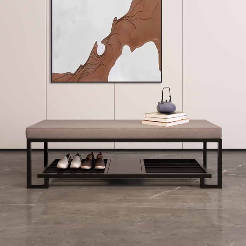Modern Upholstered Entryway Bench with Metal Frame and Open Shoe Shelf for Hallway or Bedroom Use