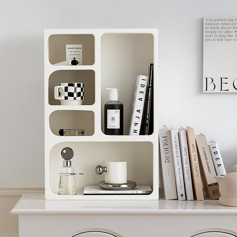 Modern Cream Desktop Display Shelf with Asymmetrical Open Compartments for Books Decor or Skincare Storage in Living Room or Office