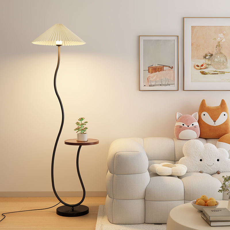 Modern Sculptural Floor Lamp with Pleated Shade and Side Table in Curved Metal Frame for Living Room Bedroom or Reading Corner