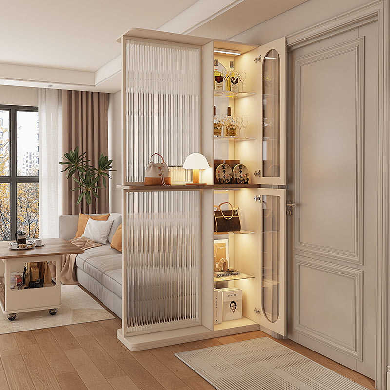 Multi Functional Room Divider Cabinet with Ribbed Panel and Glass Display Shelves for Modern Living Room or Entryway Storage