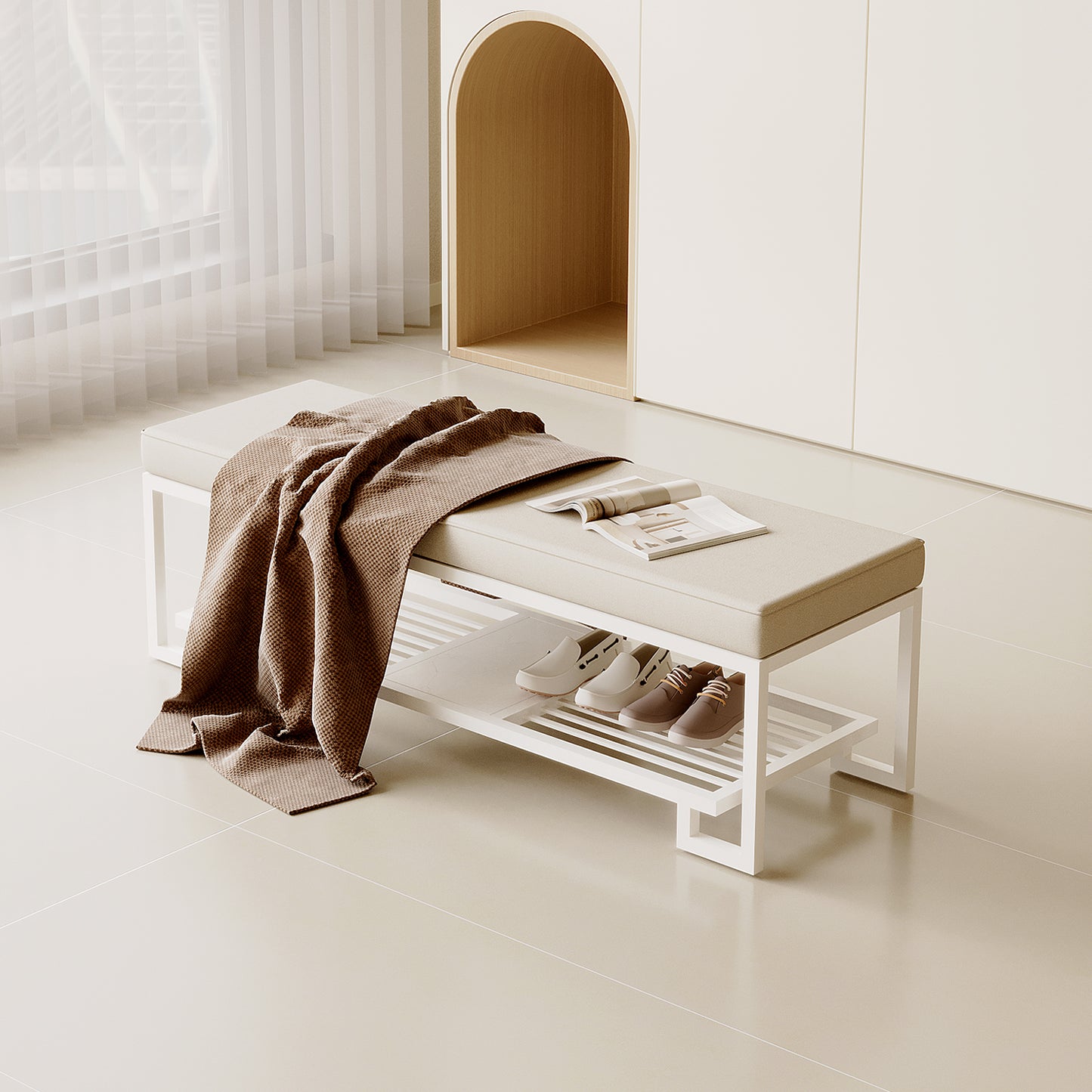 Minimalist Upholstered Entryway Bench with White Metal Frame and Open Shoe Shelf for Hallway or Bedroom