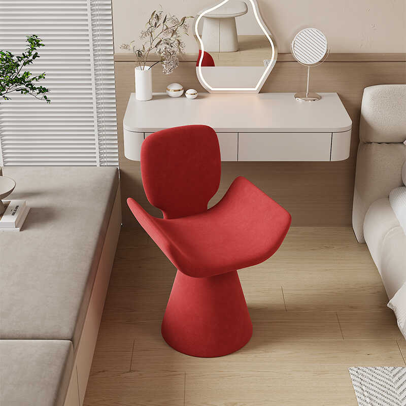 Modern Sculptural Accent Chair in Red Velvet with Flared Seat and Cone Base for Vanity, Lounge, or Statement Bedroom Corner