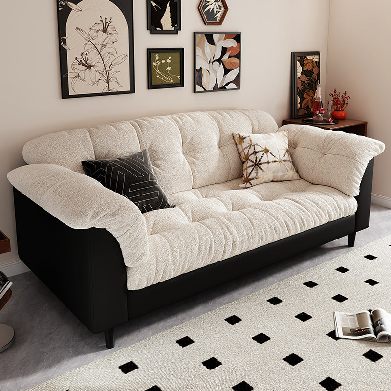 Modern Tufted Loveseat with Cream Boucle Cushions and Black Faux Leather Base for Cozy Contemporary Living Rooms and Small Apartments