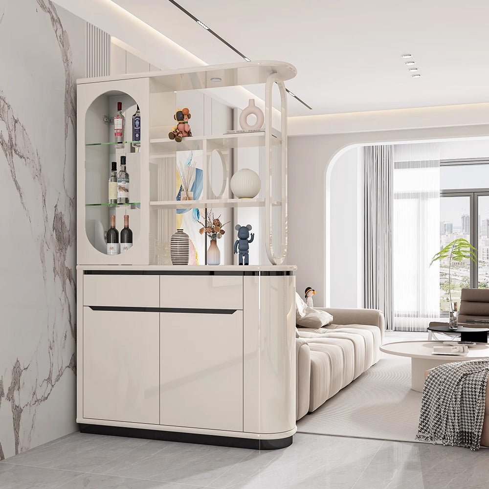 Modern Glossy Room Divider Cabinet with Open Display Shelves and Built In Wine Storage for Living Room or Dining Area