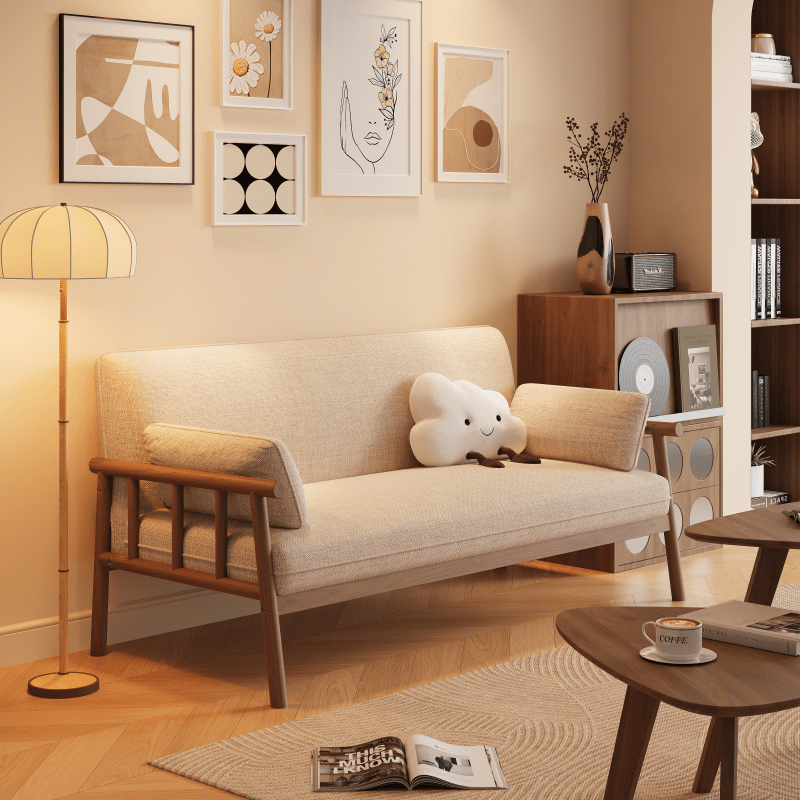 Mid Century Modern Loveseat with Solid Wood Frame and Soft Beige Upholstery for Japandi Style Living Rooms and Minimalist Interiors