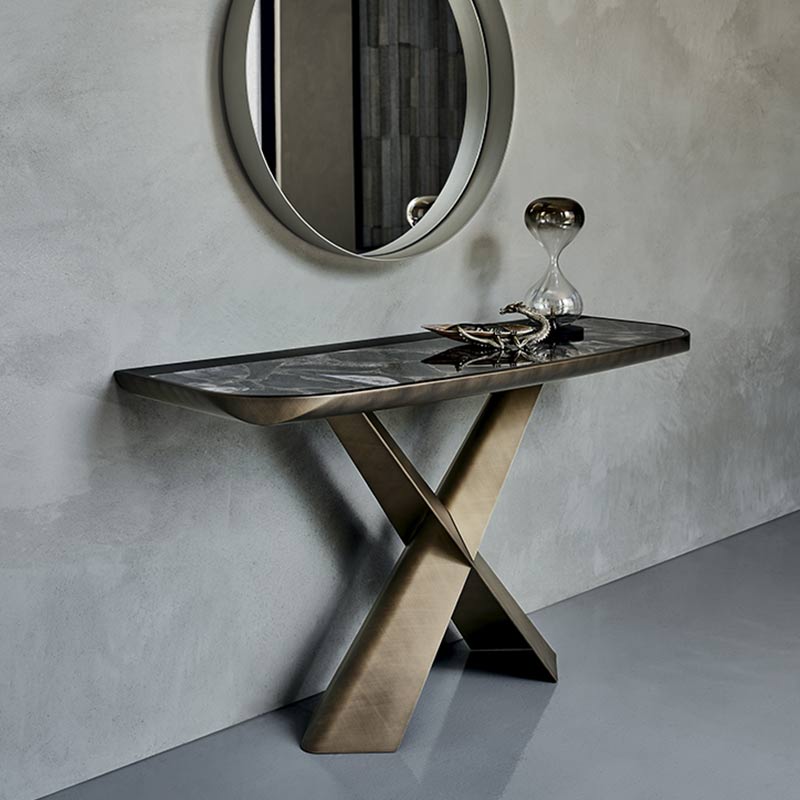 Modern Luxury Console Table with X-Shaped Bronze Base and Black Marble Look Top for Entryway, Living Room or Designer Interiors