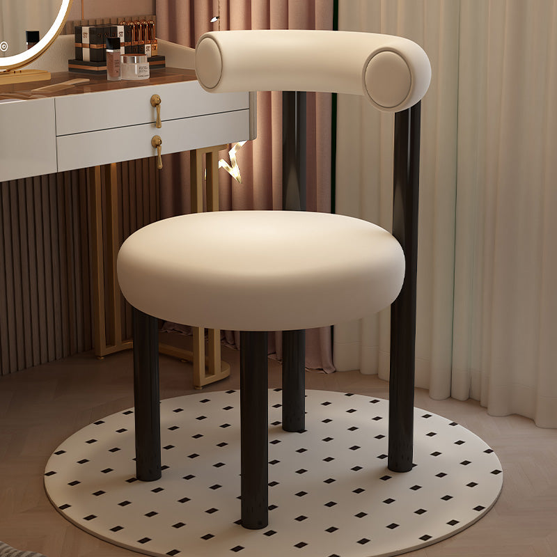 Modern Vanity Chair with Circular Backrest and Faux Leather Upholstery on Black Metal Legs for Bedroom, Dressing Table or Studio Space