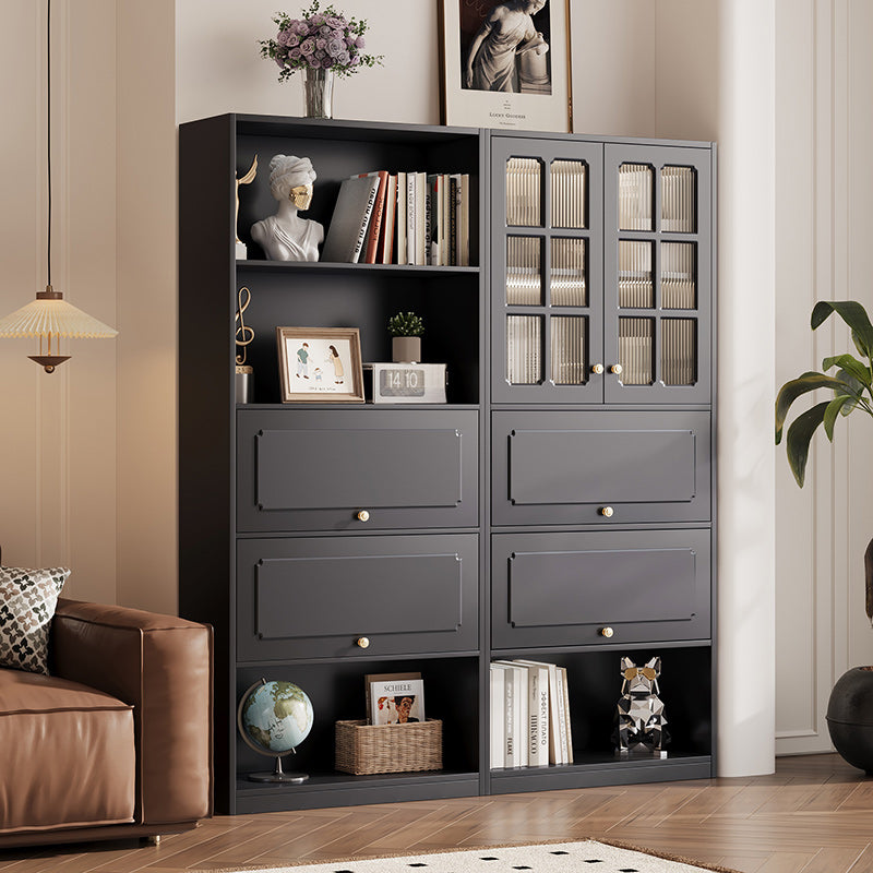 Modern Gray Bookshelf Cabinet with Fluted Glass Doors and Flip-Down Storage for Living Room or Home Office