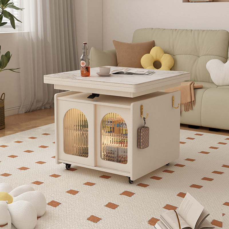 Lift Top Coffee Table with Storage Cabinet, Glass Doors, Hooks, and Rolling Wheels for Living Room or Small Spaces