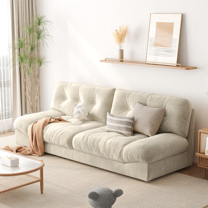 Low-Profile Modular Floor Sofa in Cream Velvet with Tufted Cushions and Wide Seats a€?Ideal for Minimalist, Japandi & Cozy Living Spaces
