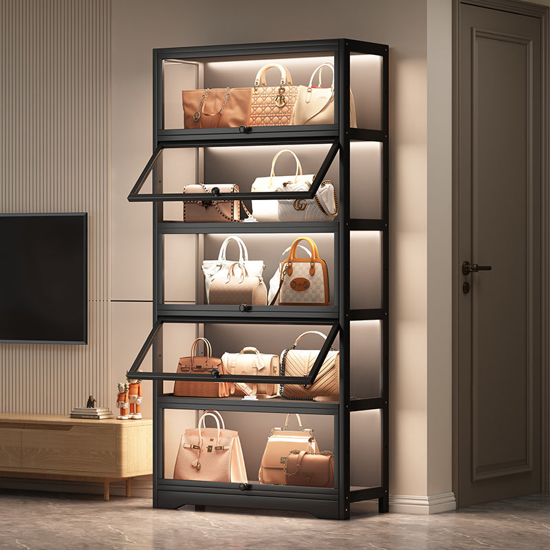 Luxury Handbag Display Cabinet with Flip-Up Glass Doors and LED Lighting for Closet or Boutique Storage