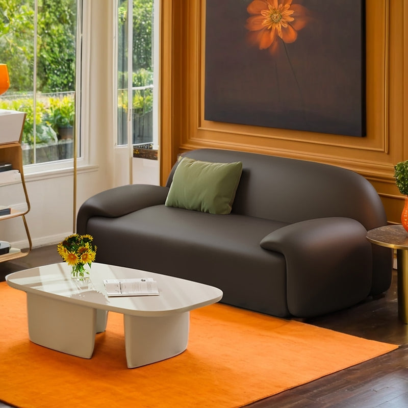 Modern Sculptural Sofa in Matte Charcoal with Rounded Silhouette and Wide Armrests a€?Contemporary Art-Inspired Seating for Bold Interiors