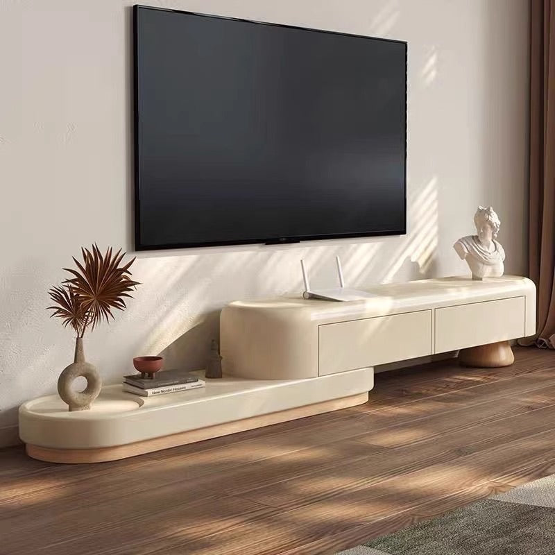 Modern Curved Cream TV Stand with Tiered Base and Sculptural Design for Minimalist and Contemporary Living Rooms