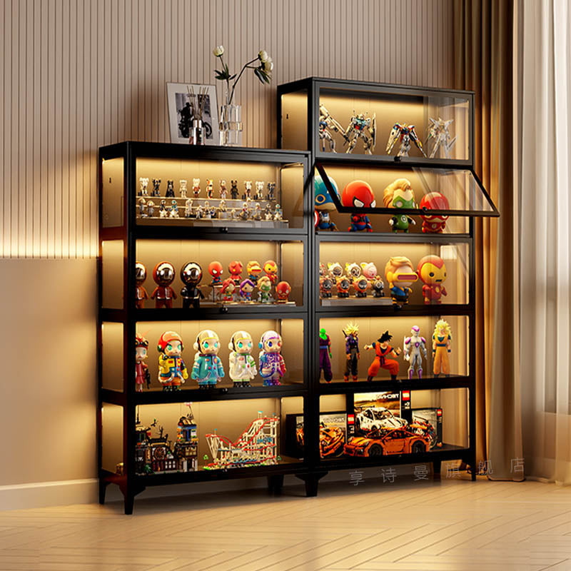 Black Glass Display Cabinet with LED Lighting and Flip-Up Doors for Action Figures Collectibles and Toy Models
