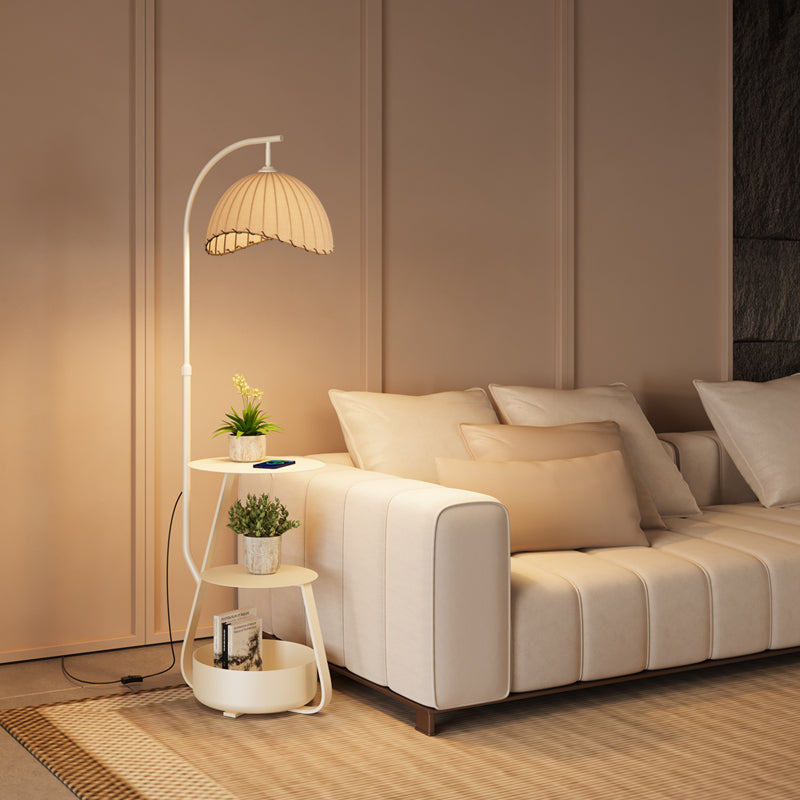 Cream Floor Lamp with Pleated Fabric Shade and Three Tier Storage Shelf for Living Room or Bedroom