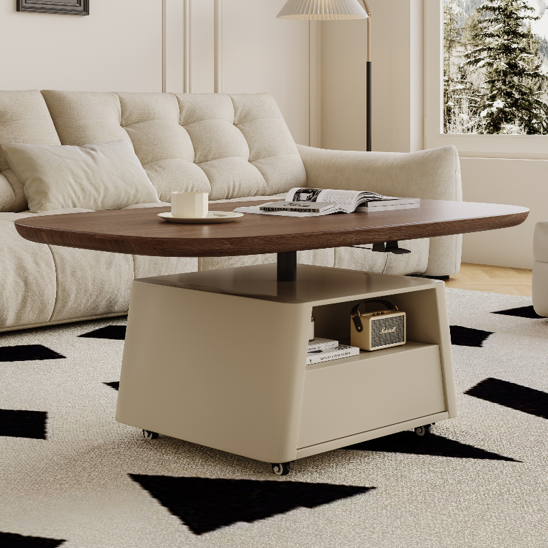 Modern Lift Top Coffee Table with Walnut Wood Surface, Hidden Storage, and Rolling Wheels for Living Room or Small Spaces