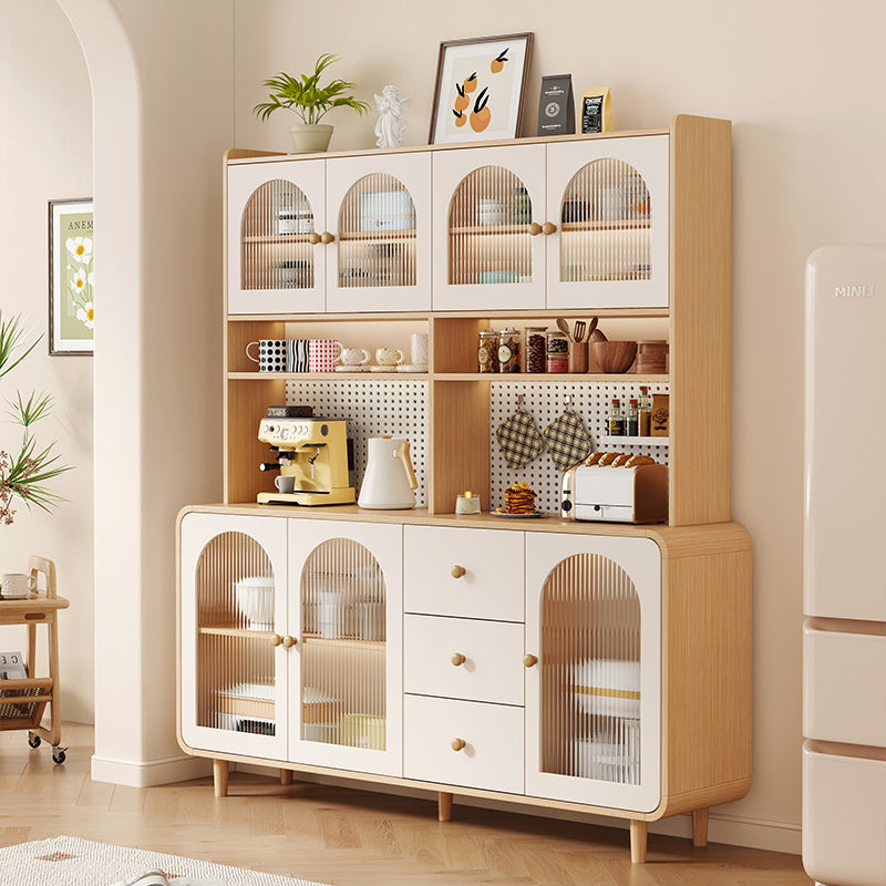 Scandinavian Kitchen Hutch Cabinet with Arched Fluted Glass Doors a€?Multi-Tier Coffee Bar and Storage Sideboard with Pegboard Back