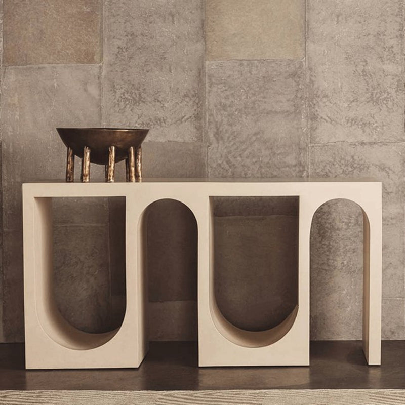 Architectural Console Table with Sculptural Arch Base in Textured Stone Finish for Entryway, Gallery, or Contemporary Interiors