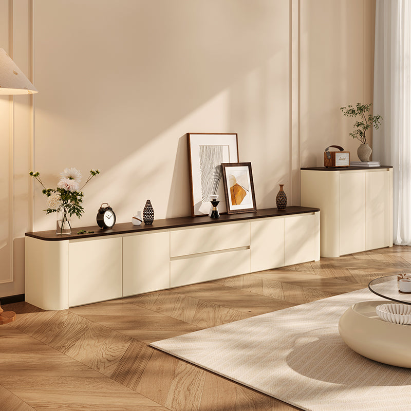 Cream and Dark Walnut TV Stand with Flush Front Design and Soft Rounded Edges for Contemporary Living Spaces