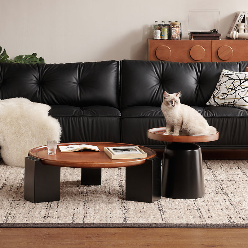 Modern Round Coffee Table Set with Wooden Tray Tops and Black Sculptural Bases a€?2-Piece Living Room Accent Table Set in Walnut and Matte Black