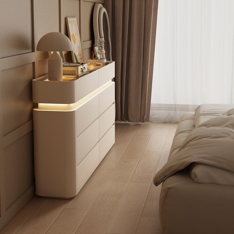 Modern LED-Lit Bedroom Dresser with 6 Drawers a€?Minimalist Cream Storage Chest with Curved Edges and Ambient Light