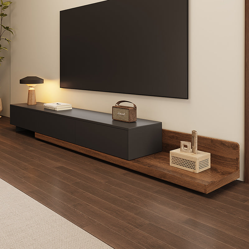 Modern Black and Walnut TV Stand with Floating Base Design and Minimalist Storage for Japandi or Wabi-Sabi Interiors