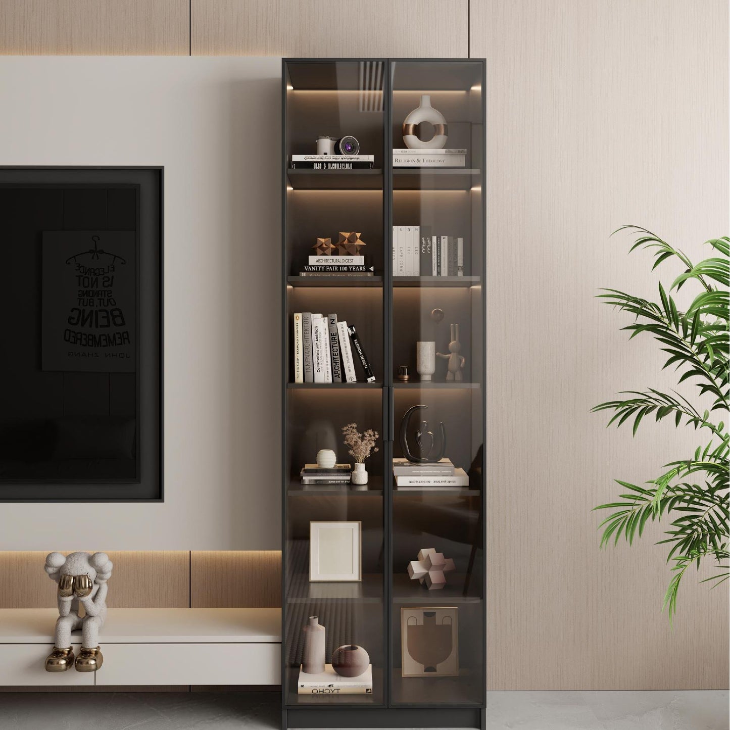 Tall Black Display Cabinet with Glass Doors and LED Lighting for Living Room or Study